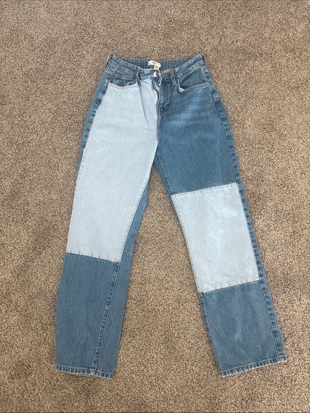 Forever 21 Two-Tone Patchwork Straight Leg Jeans - Light & Medium Blue